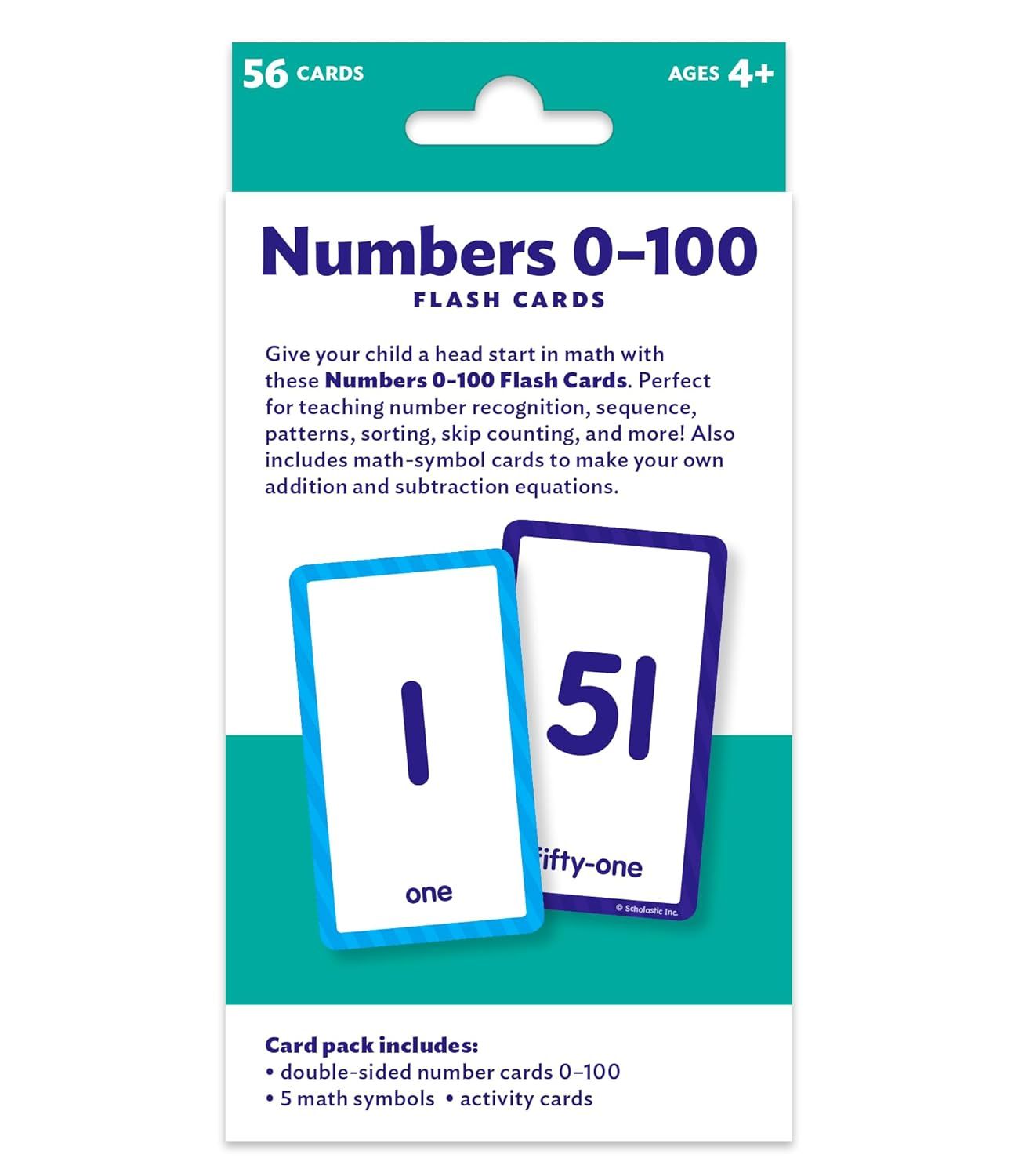 Shows what is included in the flash card pack to help shoppers understand the complete contents they will receive: 56 cards covering numbers 0-100, math symbols, and activity cards. Communicates the…