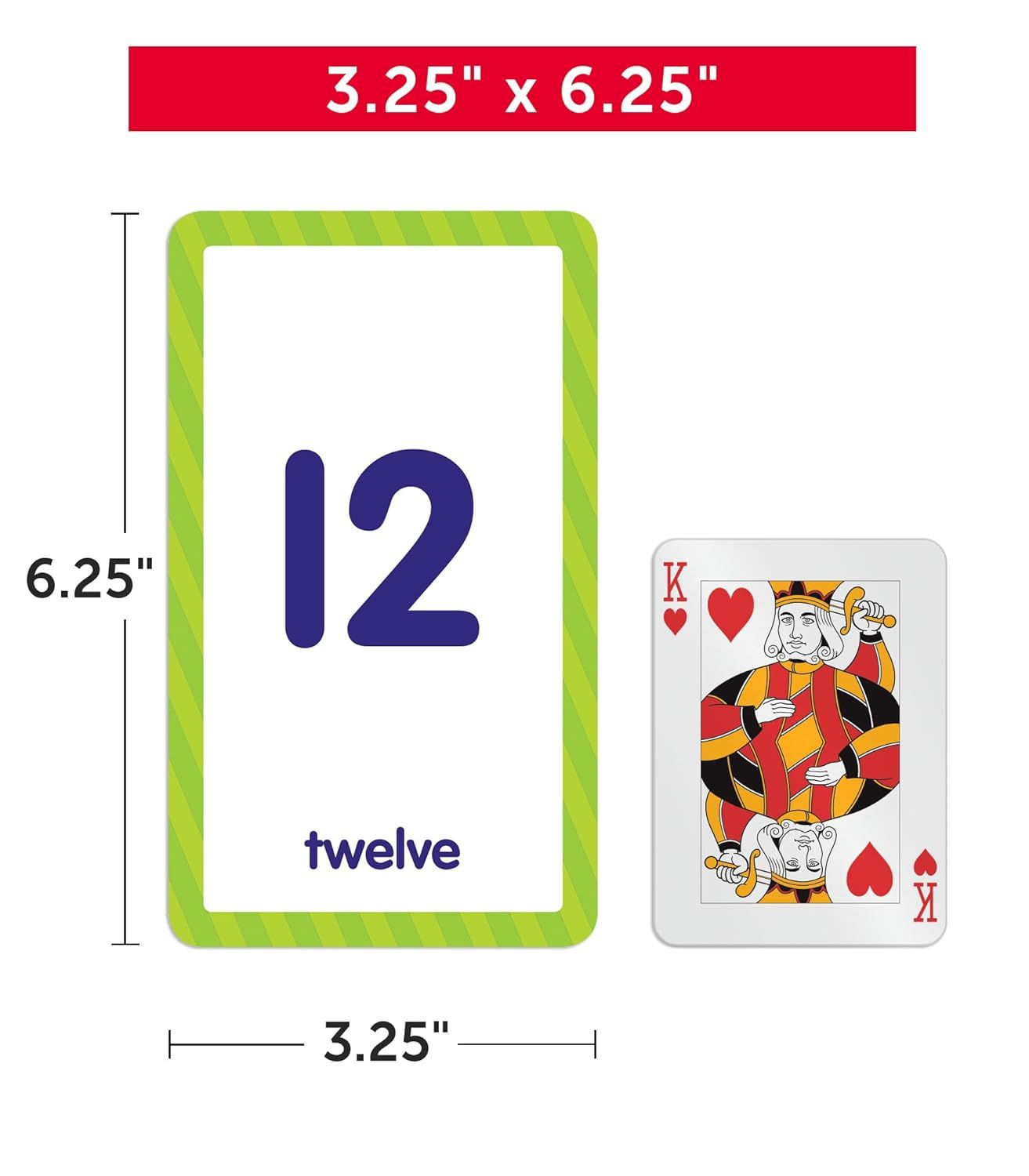 Shows the exact physical dimensions of the product (3.25 x 6.25 inches) with measurement arrows and a playing card for scale reference, helping shoppers understand the actual size of the cards.