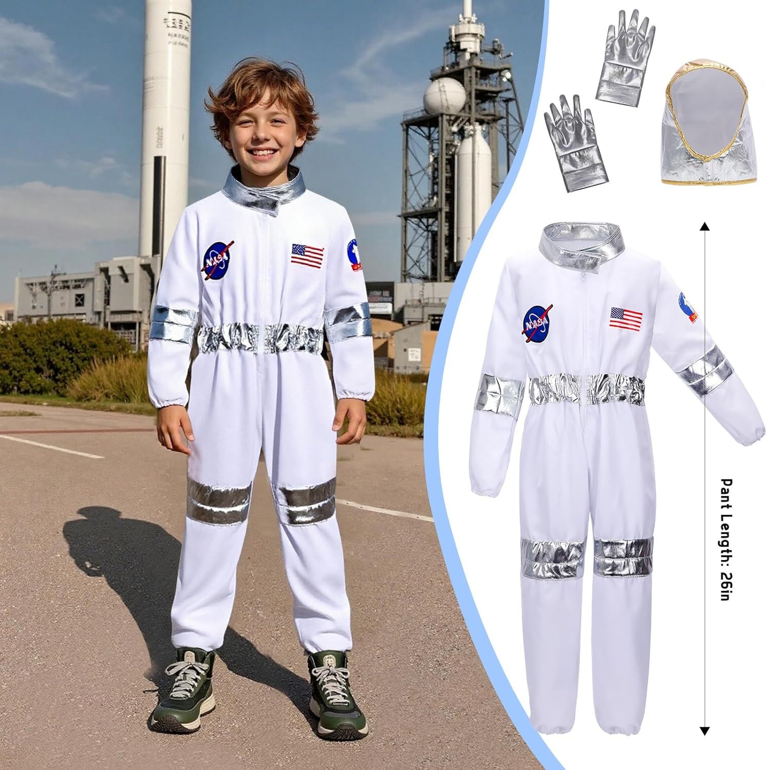 Shows all the items included in the astronaut costume package, including the jumpsuit, gloves, helmet, and accessories, so shoppers understand exactly what they will receive. Provides the physical…