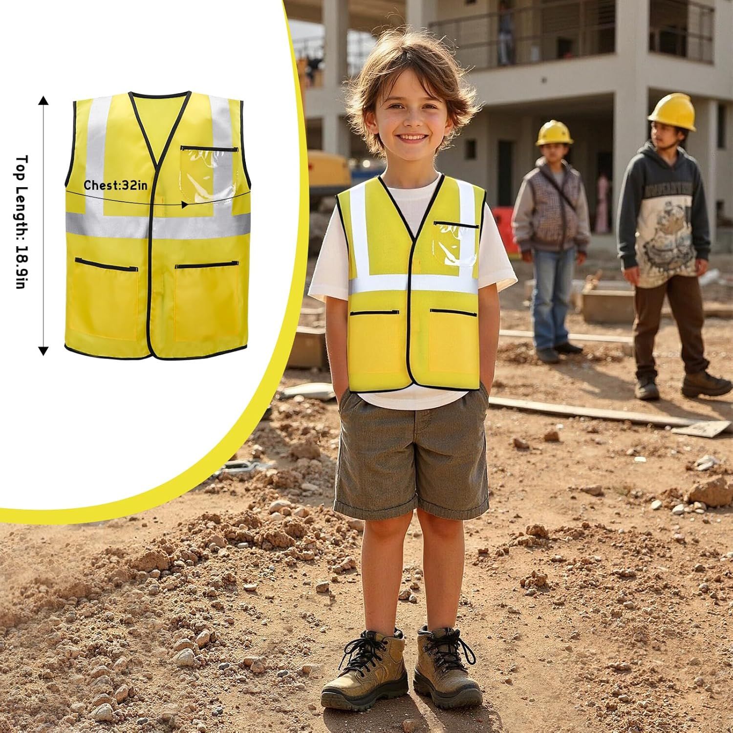 Shows the physical dimensions of the safety vest with specific measurements to help shoppers determine the correct size for children. Demonstrates the product being worn by children in a real-world…