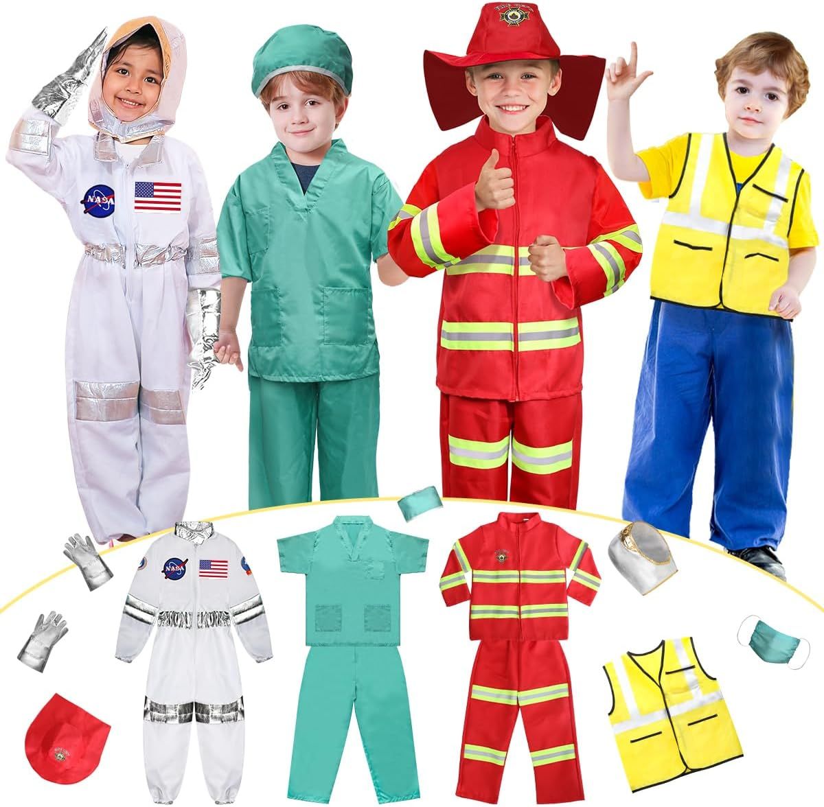 Shows customers all the costume pieces included in each set (astronaut, doctor, firefighter, construction worker) and demonstrates the variety of career-themed options available for purchase.