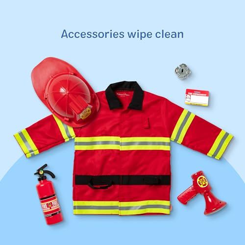 Shows all the items included in the firefighter costume set, helping shoppers understand the complete package they will receive.