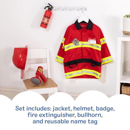 Shows all the items included in the firefighter costume set to help shoppers understand the complete package they will receive.