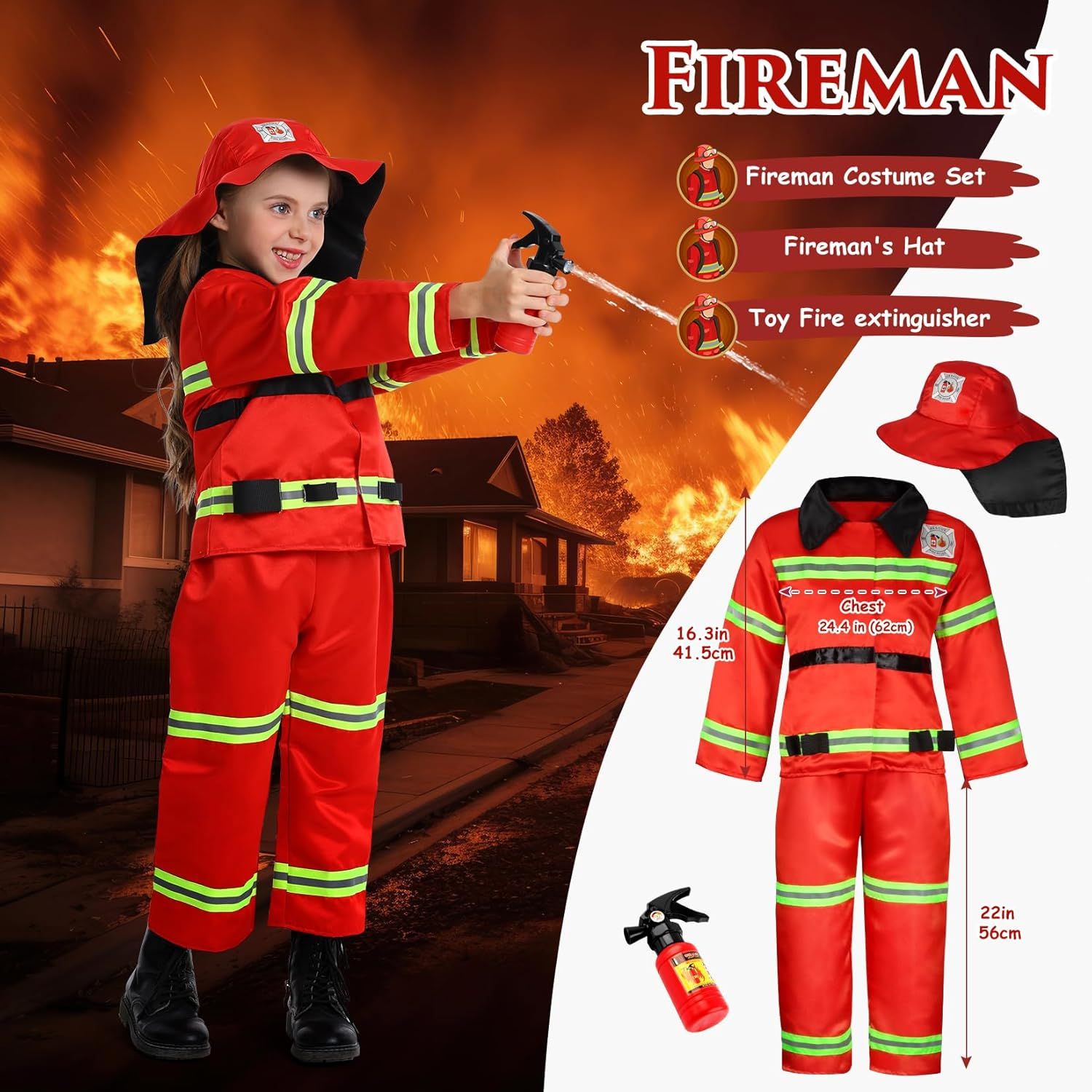Shows all the items included in the fireman costume set (costume, hat, and toy extinguisher) to help shoppers understand what they will receive in the package. Provides exact measurements of the…