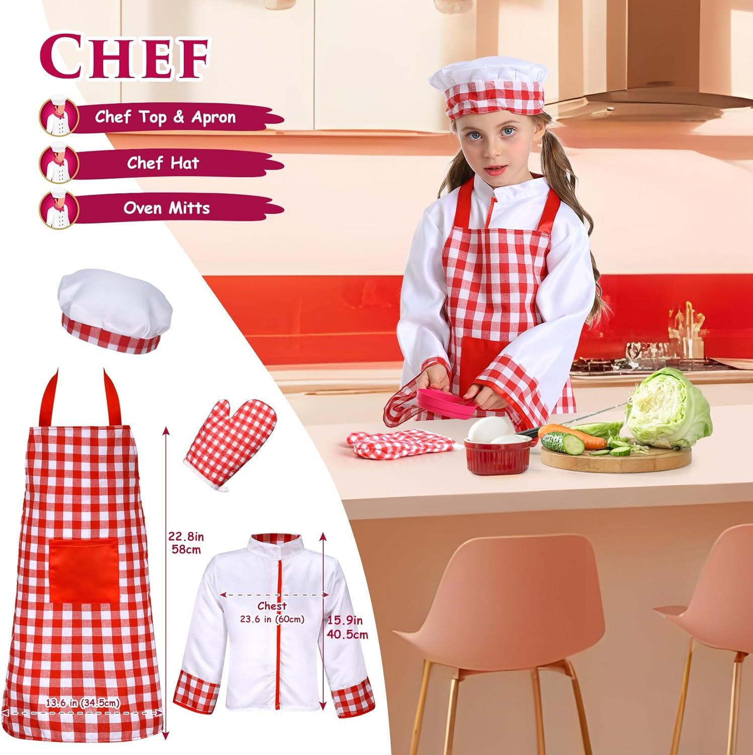 Shows all the items included in the children's chef costume set, helping shoppers understand the complete package they will receive. Provides exact measurements of the chef costume components to…