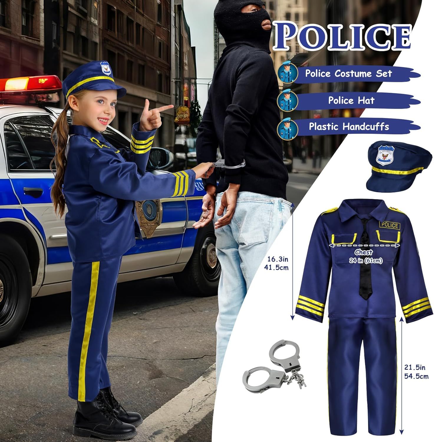 Shows all the items included in the police costume set (hat, uniform, handcuffs) to help shoppers understand what they receive with their purchase. Provides exact dimensional measurements (16.3in…