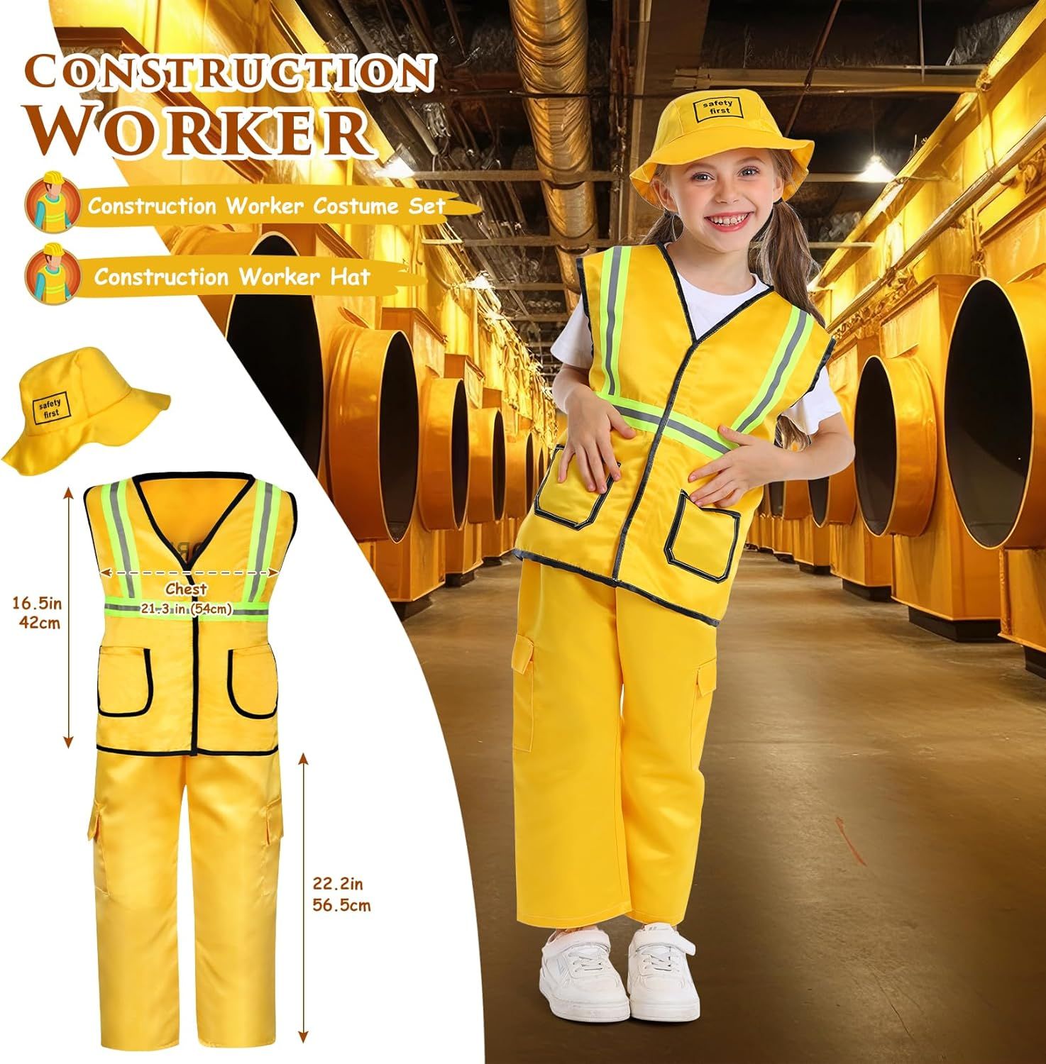 Provides exact measurements of the construction worker costume set (chest 21.3in/54cm, pants 22.2in/56.5cm) to help parents determine if the costume will fit their child. Shows all items included in…
