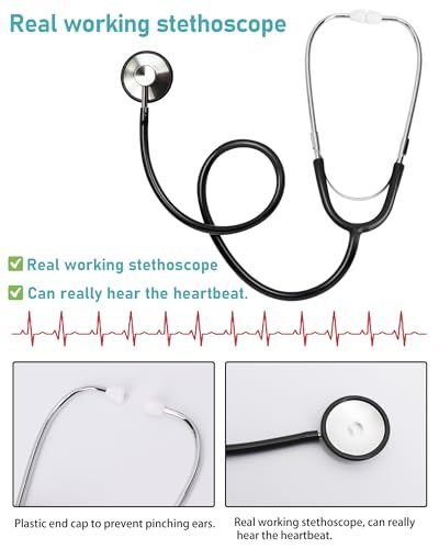 Communicates that this is a functional stethoscope with multiple practical features: it actually works, can hear heartbeats, and has protective ear caps. Reassures shoppers this is not just a toy…
