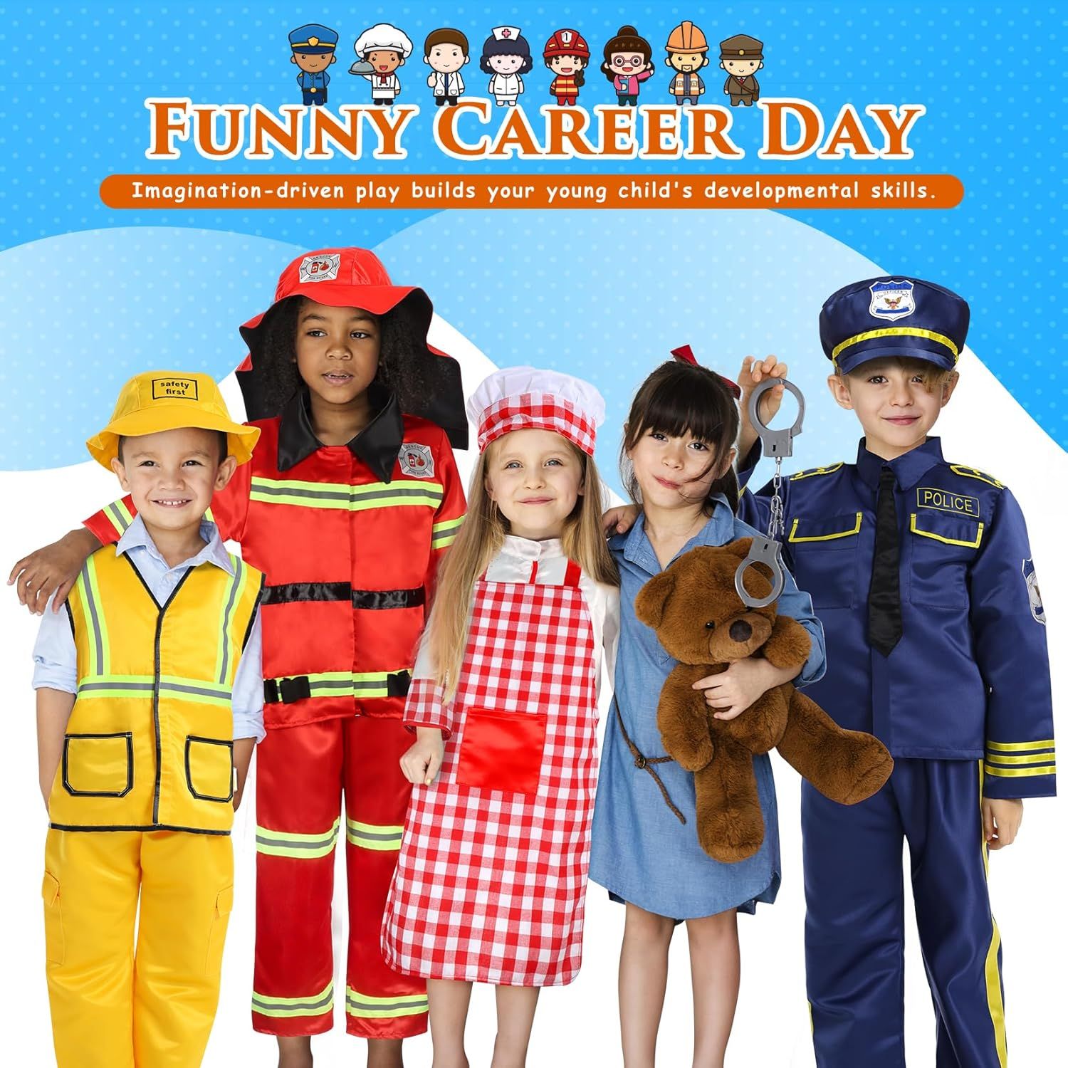 Demonstrates the variety of career costumes and role-play options available, showing children can explore different professions through imaginative play.