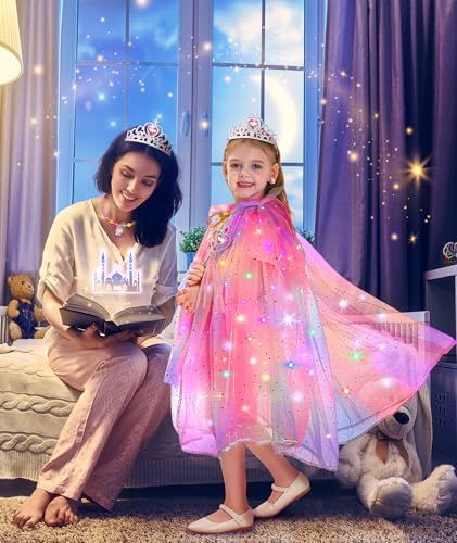 Showcases the product (princess cape with lights) being enjoyed in a real-world home setting, creating an emotional connection and demonstrating the magical play experience it enables.