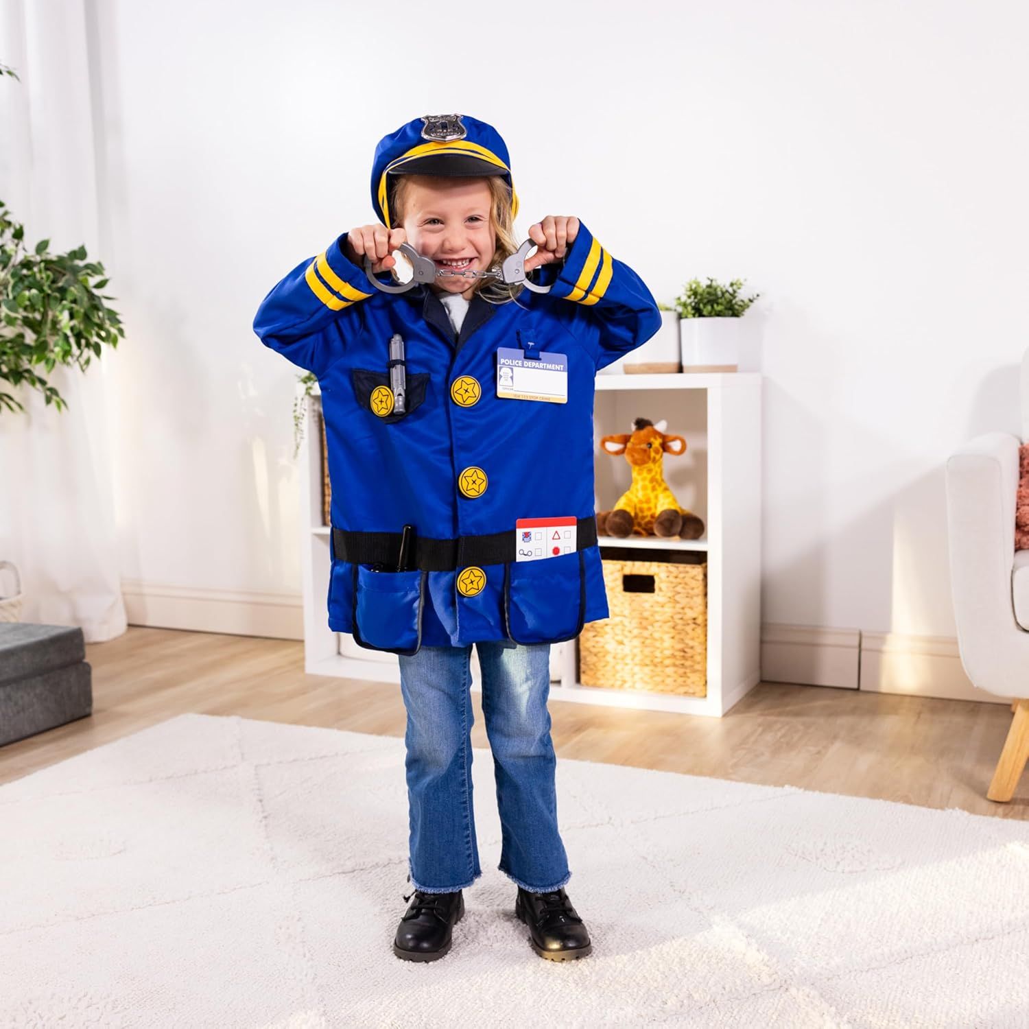 Demonstrates the product in use within a real-world context to help shoppers visualize how the costume looks when worn and how it fits into imaginative play scenarios.