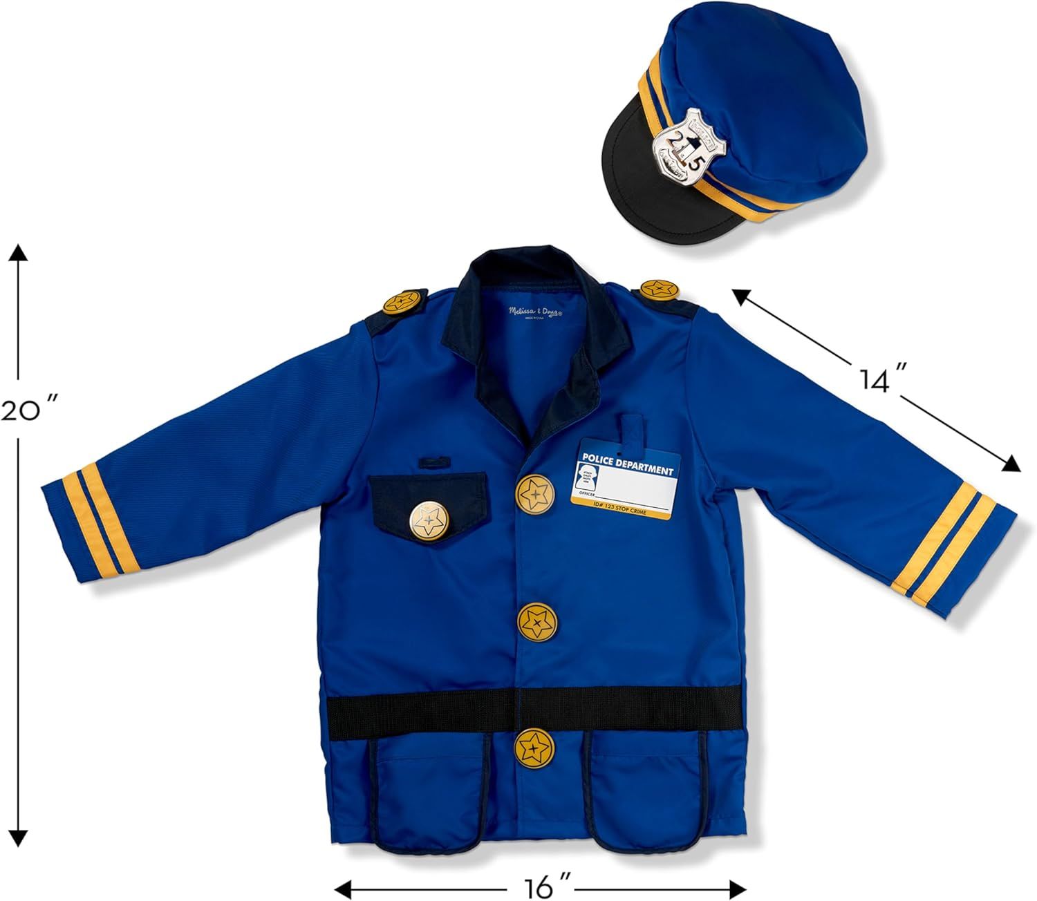 Communicates the exact physical measurements of the police costume to help shoppers determine if it will fit their child.
