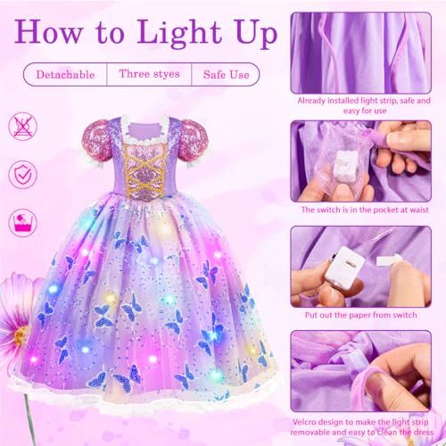 Demonstrates how to activate and use the dress's built-in LED light feature through a clear step-by-step visual guide, reassuring parents and children that the light-up function is easy to operate.…