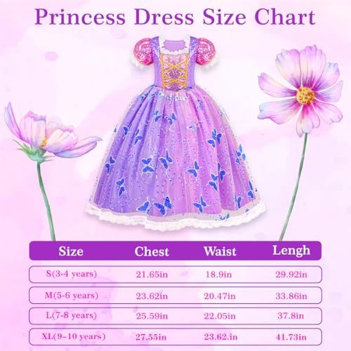 Provides detailed sizing information organized by age groups to help shoppers select the correct princess dress size for their child.