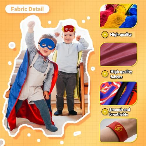 Highlights the fabric quality and material features of the superhero costume to reassure parents about comfort and durability.