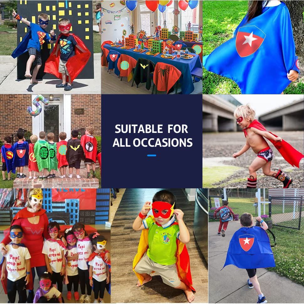 Demonstrates the versatility of the superhero capes by showing them being used in multiple real-world scenarios including parties, outdoor play, school activities, and everyday dress-up.