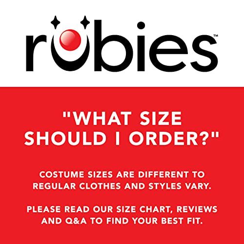 Addresses a common customer question about costume sizing and directs shoppers to consult the size chart, reviews, and Q&A to find their best fit. Reinforces the Rubies brand identity while…