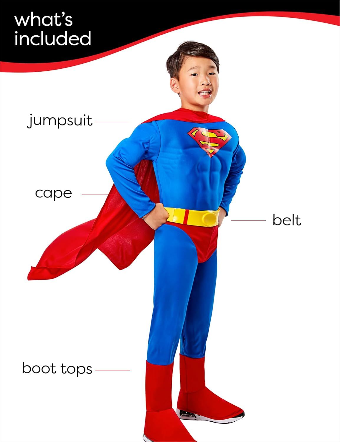 Shows all the components included in the Superman costume purchase (jumpsuit, cape, belt, and boot tops) to help shoppers understand exactly what they will receive.