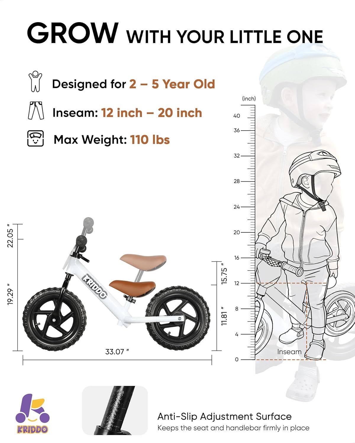 Communicates the physical dimensions and specifications of the balance bike to help parents determine if it fits their child's age, size, and weight, ensuring proper fit and safety.