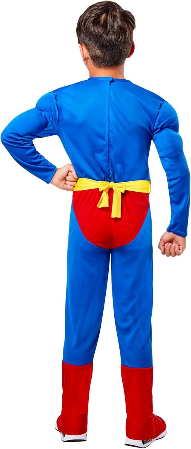 Shows the back design and construction details of the costume, including the zipper, yellow belt tie, and red seat panel, helping shoppers understand the full appearance and fit of the product.