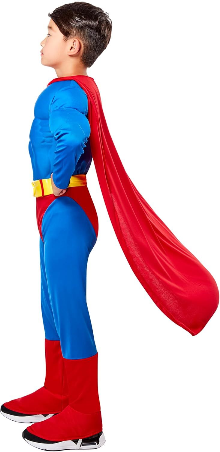 Displays the complete superhero costume on a model against a clean white background to show the product's appearance, fit, and included cape accessory.