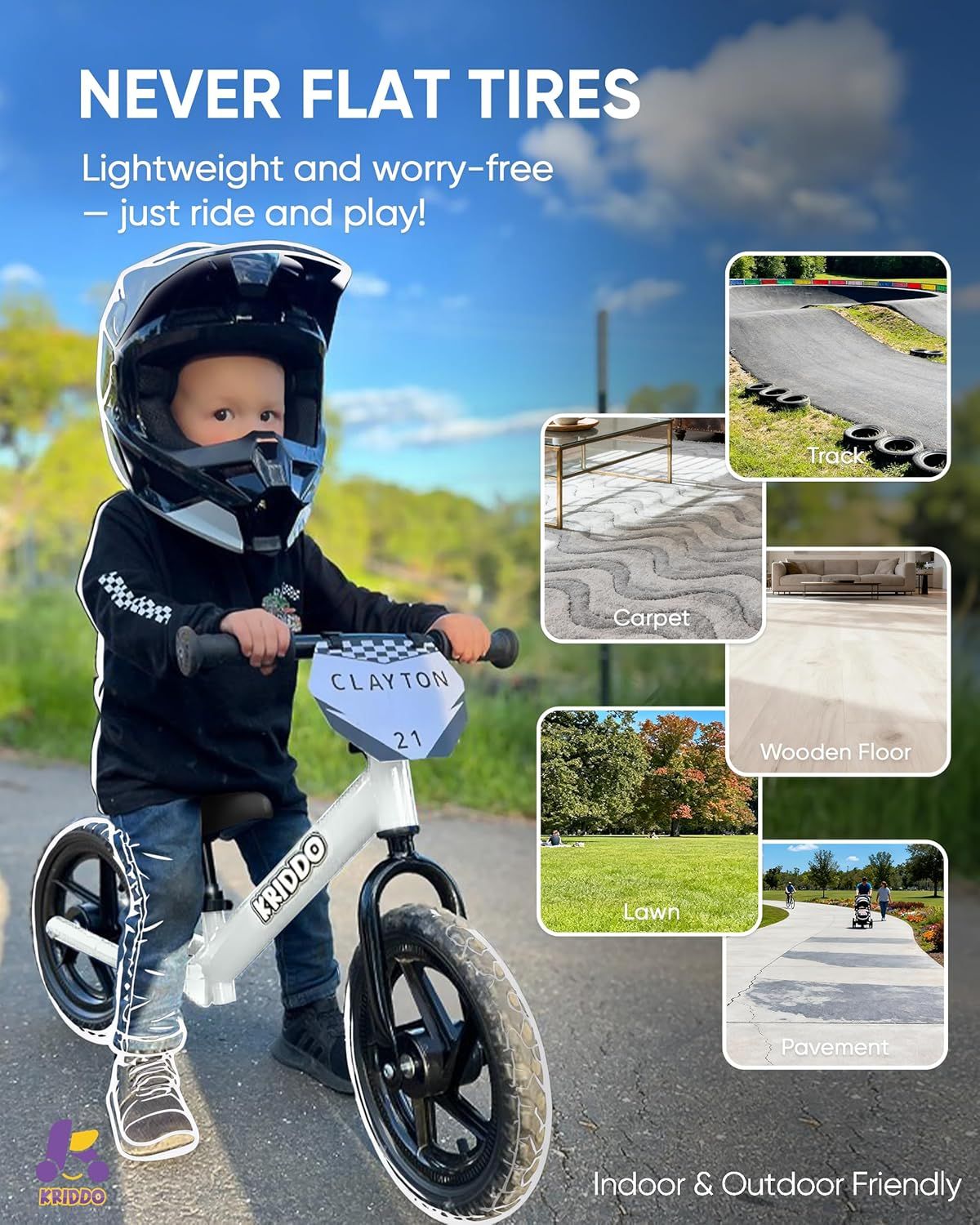 Demonstrates the product's versatility by showing it can be used across multiple surfaces and environments—track, carpet, wooden floor, lawn, and pavement—reassuring parents that the bike works…