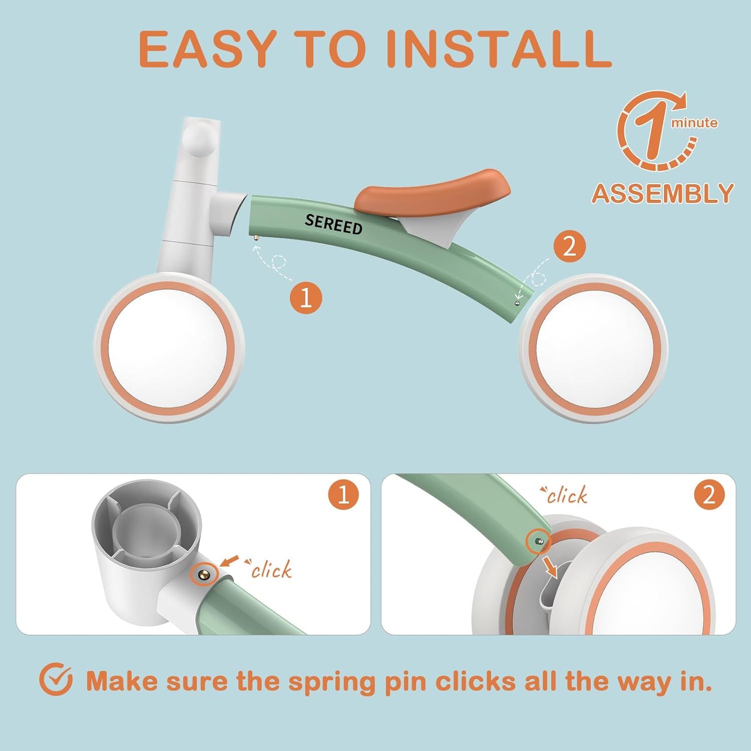 Demonstrates the simple two-step assembly process for the balance bike, reassuring parents that setup is quick and requires minimal effort. Highlights the ease of installation as a key benefit,…