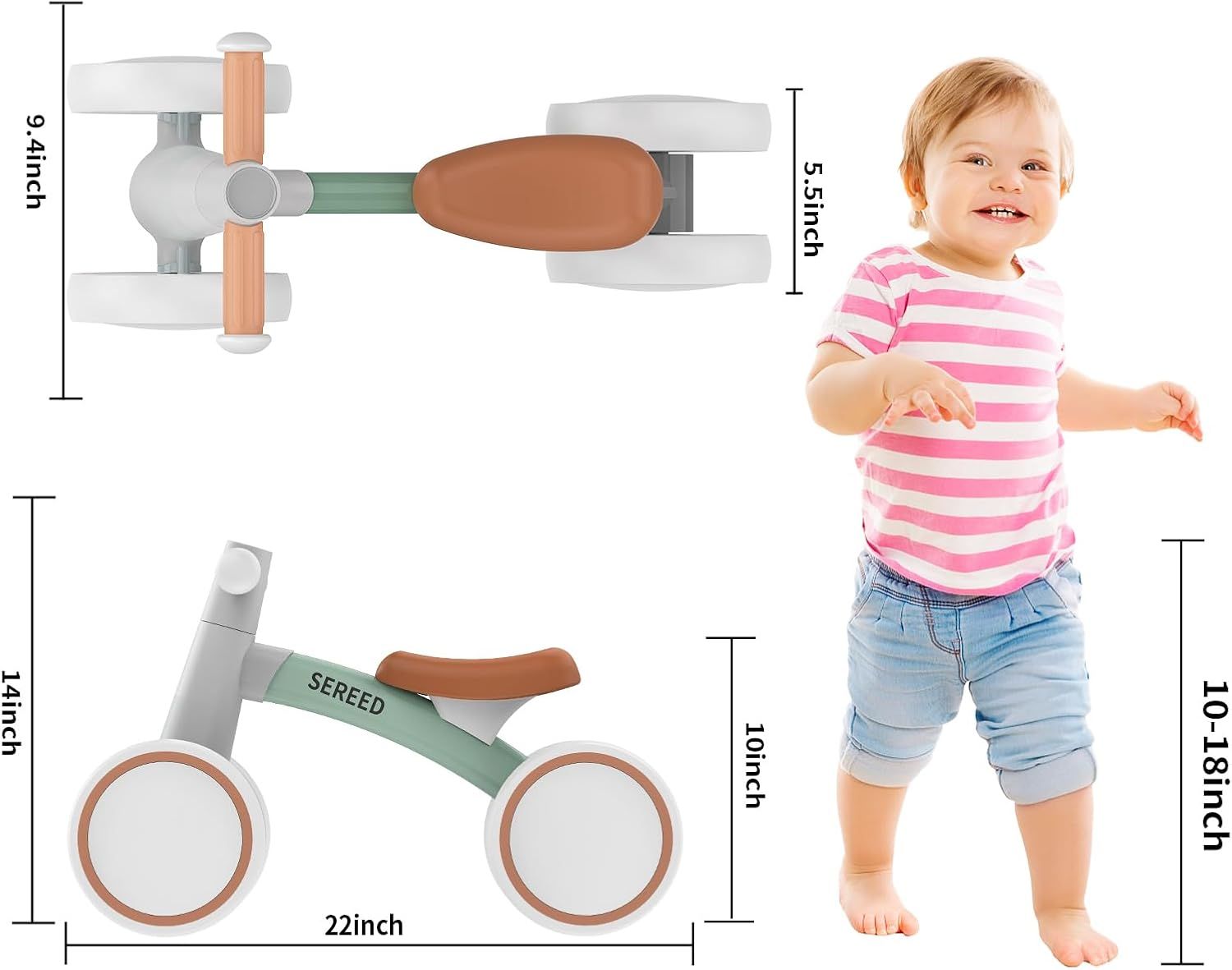 Demonstrates the physical size of the baby balance bike using exact measurements and a child model for scale, helping parents understand if the product is appropriately sized for their toddler.