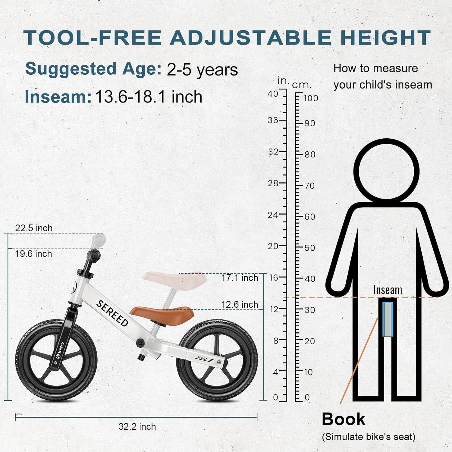 Provides detailed dimensional specifications and a visual guide to help parents determine if the balance bike fits their child's size, ensuring proper fit and safety.