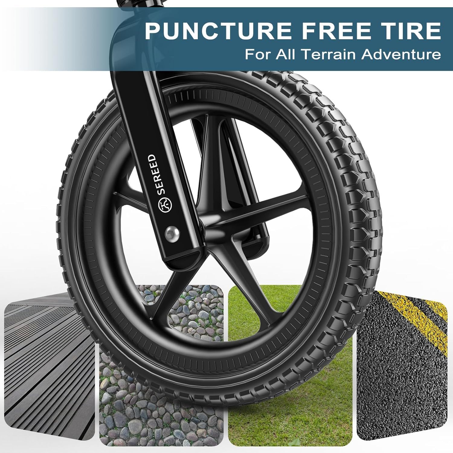 Demonstrates that the puncture-free tire can handle multiple terrain types (wood decking, gravel, grass, asphalt) to reassure shoppers of its versatility and durability across different…