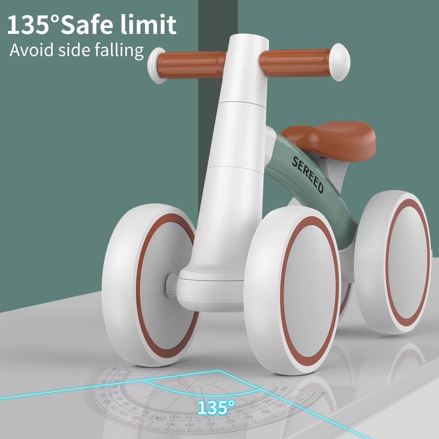 Communicates that the balance bike has a 135-degree steering limit to prevent side falling, reassuring parents about the product's safety design for young children.