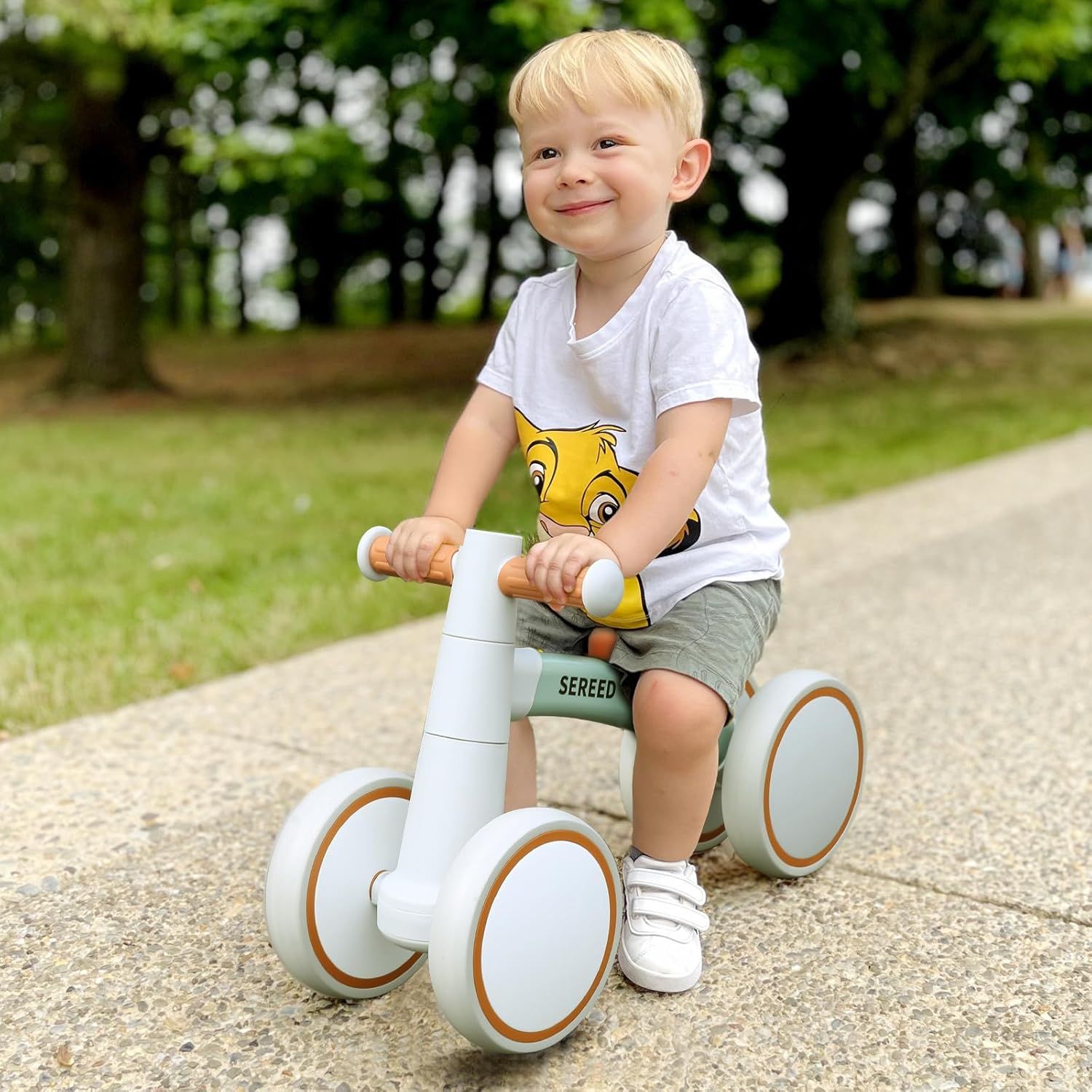 Shows a child happily using the product in a real outdoor setting to help shoppers visualize the product in everyday use and connect emotionally with the lifestyle context.