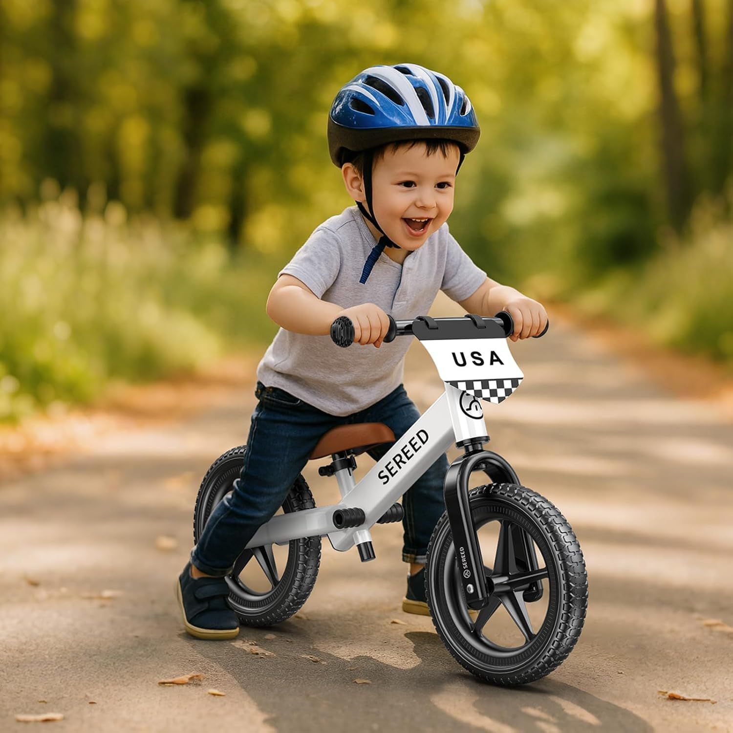 Shows the product in a real-world outdoor setting with a happy child using it, creating an emotional connection and demonstrating the product's suitability for young children.