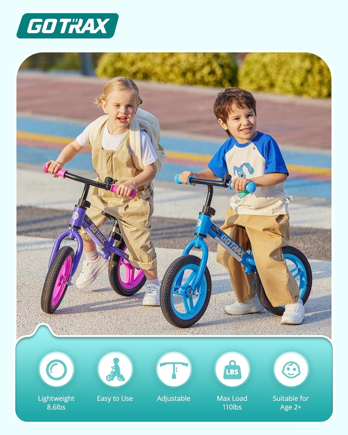 Communicates multiple key product benefits in a segmented layout to show parents that this balance bike is lightweight, easy for kids to use, adjustable, supports up to 110lbs, and suitable for ages…