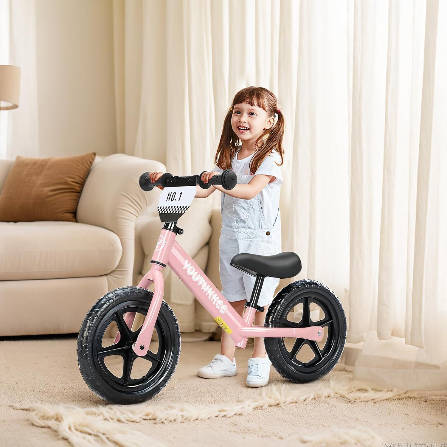 Shows the product being used by a happy child in a real home setting to help shoppers visualize the product in their own lives and connect emotionally with the use case.