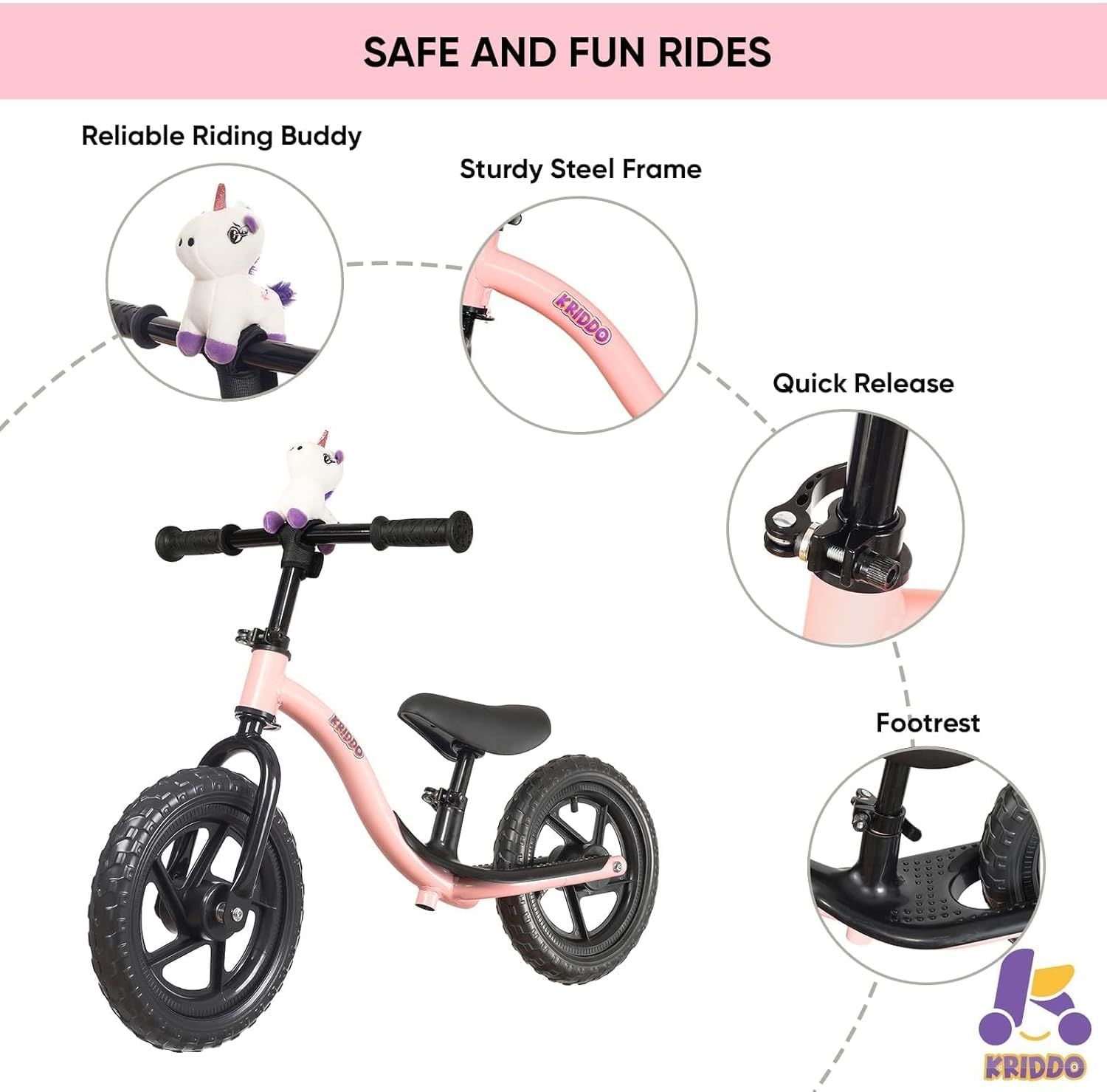 This image breaks down the key physical components and structural features of the balance bike to help parents understand the product's construction and safety features.