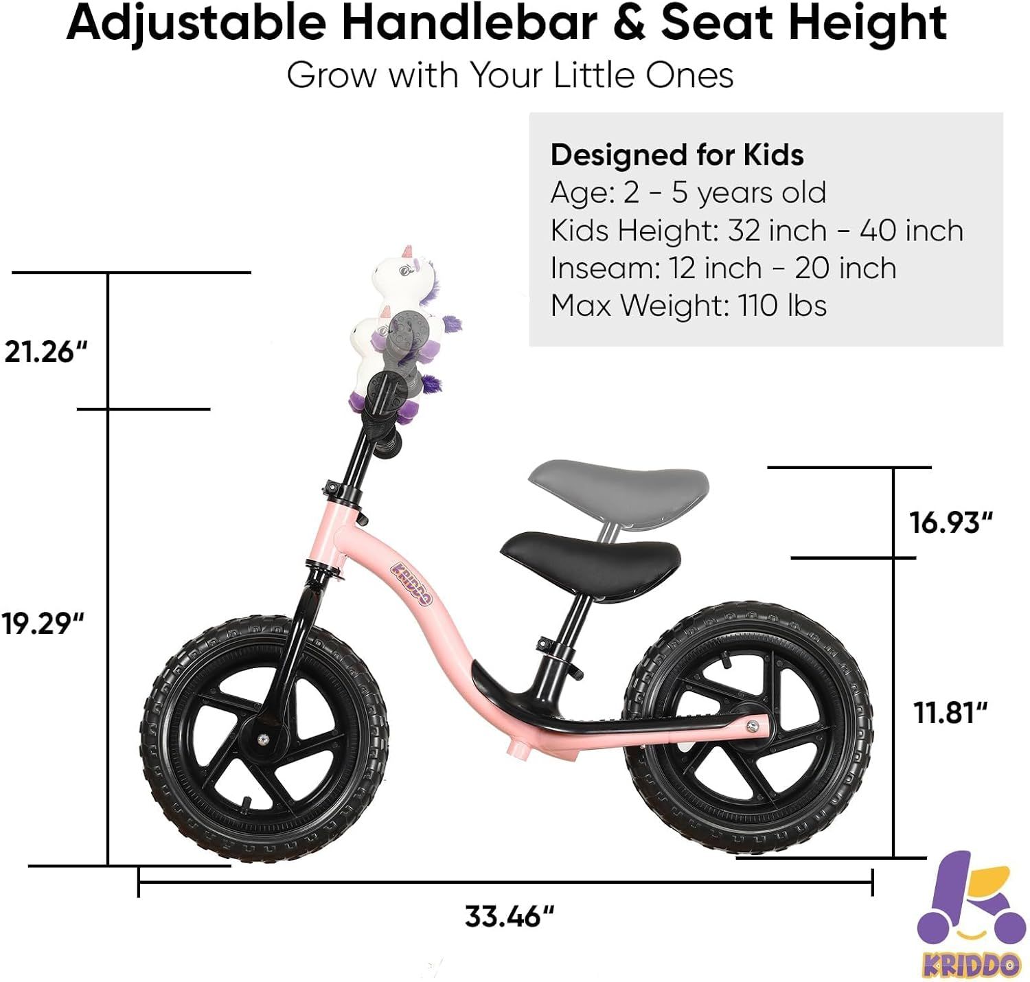 Communicates the physical dimensions of the balance bike and its adjustability to reassure parents that it will fit their child's size and grow with them.