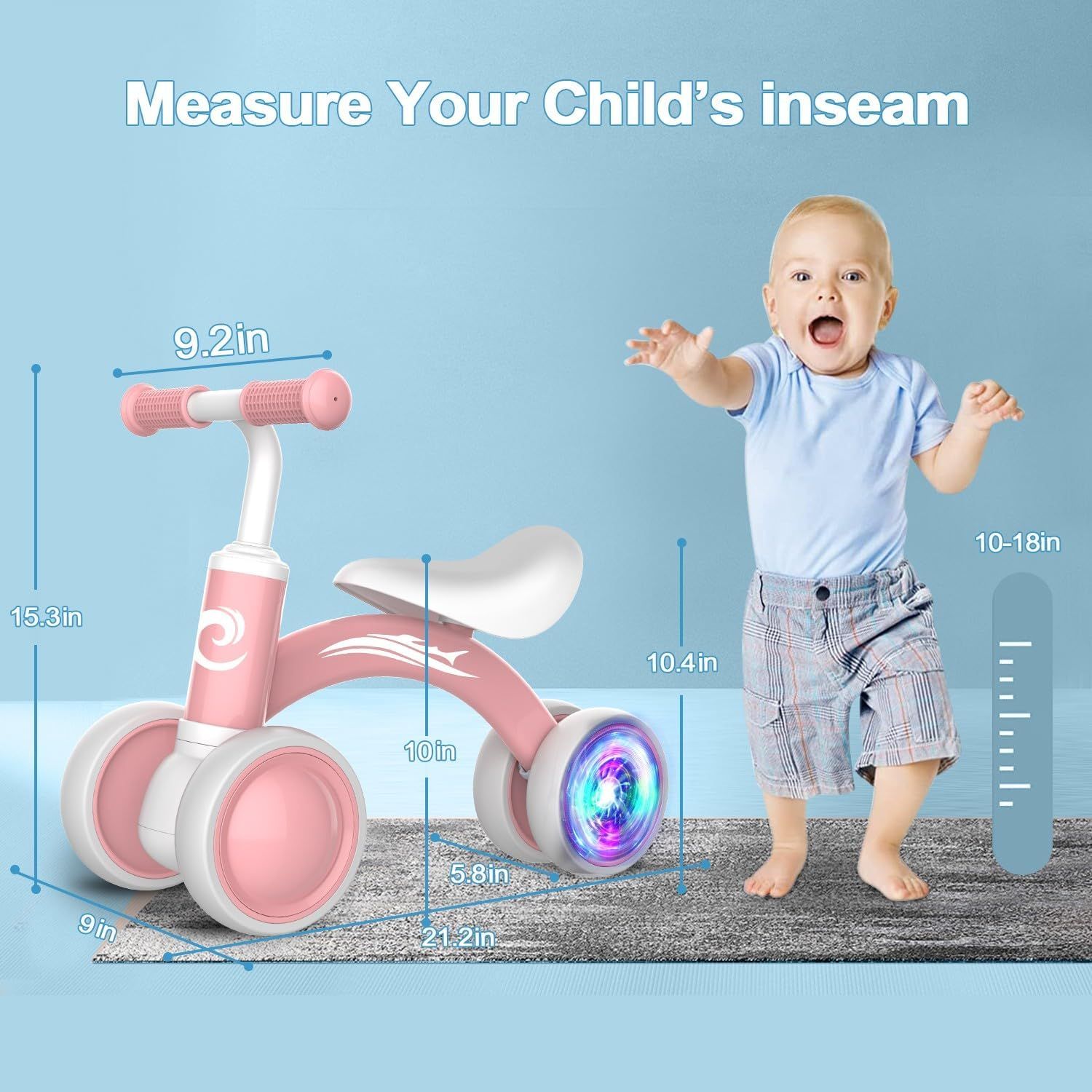 Shows the physical dimensions of the baby bike with detailed measurements and uses a child as a reference to help parents understand the appropriate size and fit for their toddler.