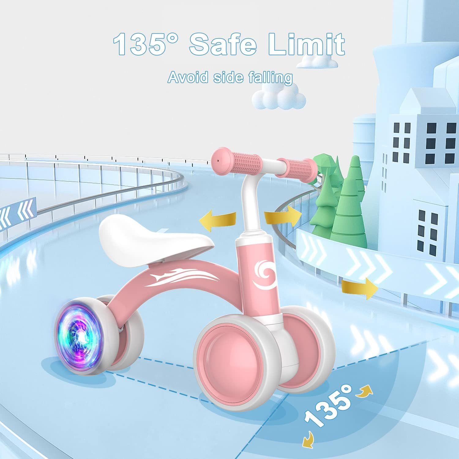 Communicates the specific 135-degree steering angle limit designed to prevent side falling and ensure child safety during use. Highlights the safety benefit of the steering limit feature that…