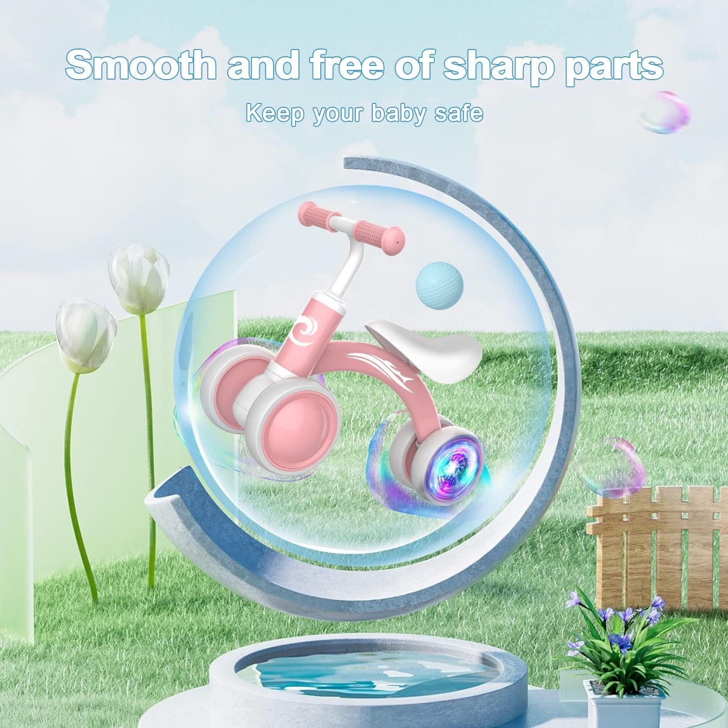 Reassures parents that the baby tricycle is designed with smooth surfaces and no sharp parts to keep their baby safe during use. Highlights the product's child-safe design as a key benefit to give…