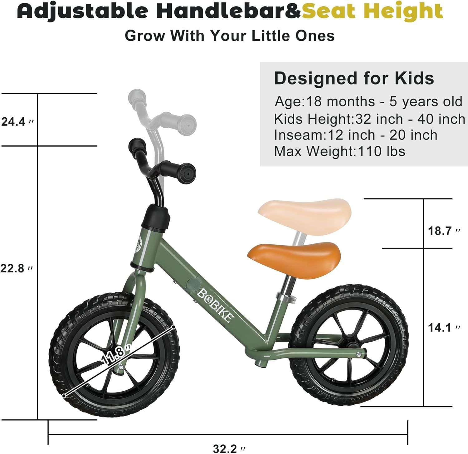 Communicates the physical dimensions of the bike (handlebar height, seat height, wheel diameter, overall length) and demonstrates that the product is adjustable to grow with children aged 18 months…