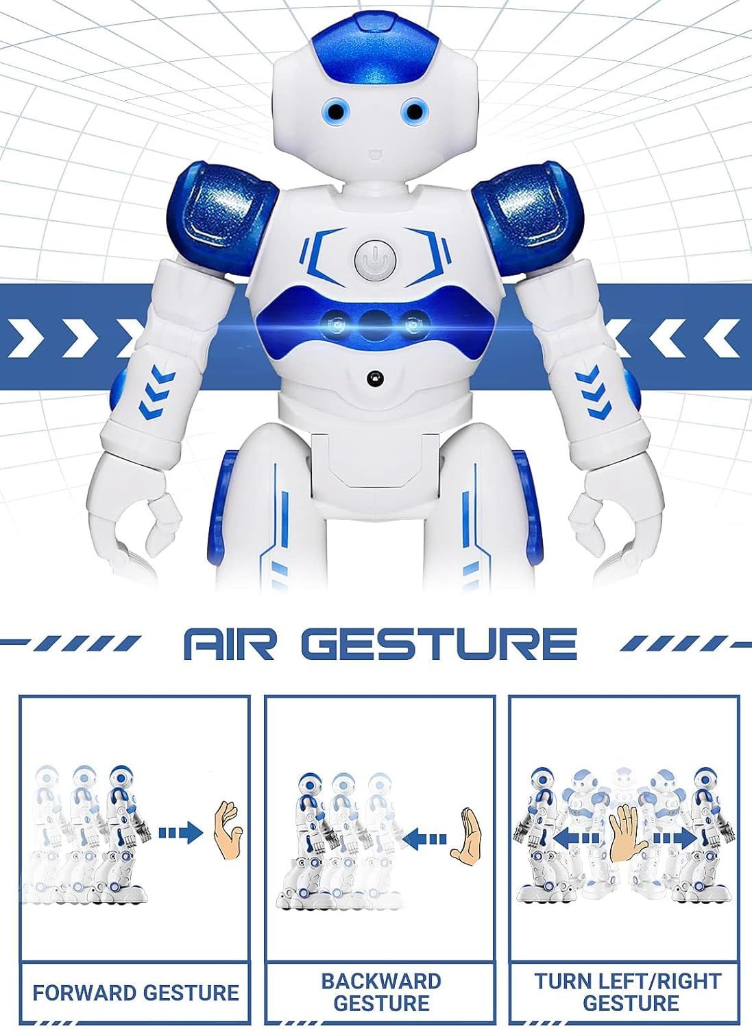 Demonstrates how to control the robot using hand gestures, showing three different gesture commands (forward, backward, turn left/right) to reassure shoppers that the product is easy and intuitive…