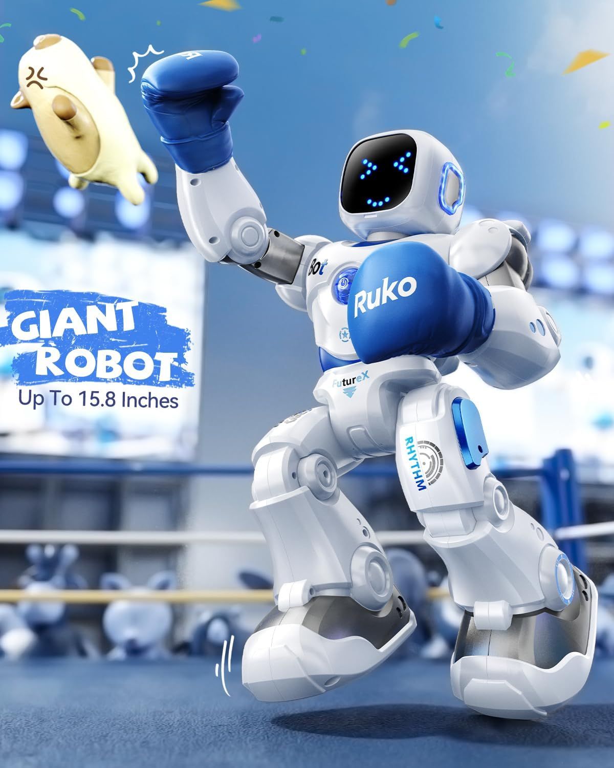 Communicates the impressive physical size of the robot toy at up to 15.8 inches tall, helping shoppers understand the scale and presence of the product. Highlights the robot's large size as a key…
