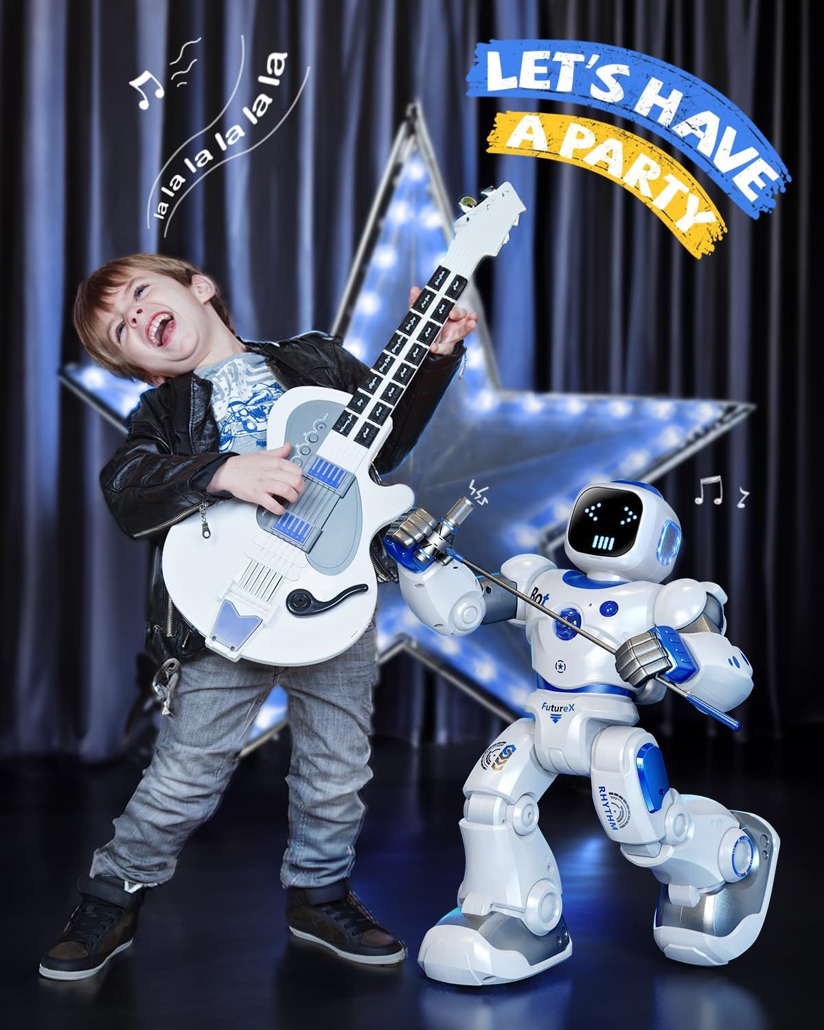 Demonstrates the robot toy in a fun, real-world play scenario with a child, showing how the product creates an engaging and entertaining experience through music and interactive play.