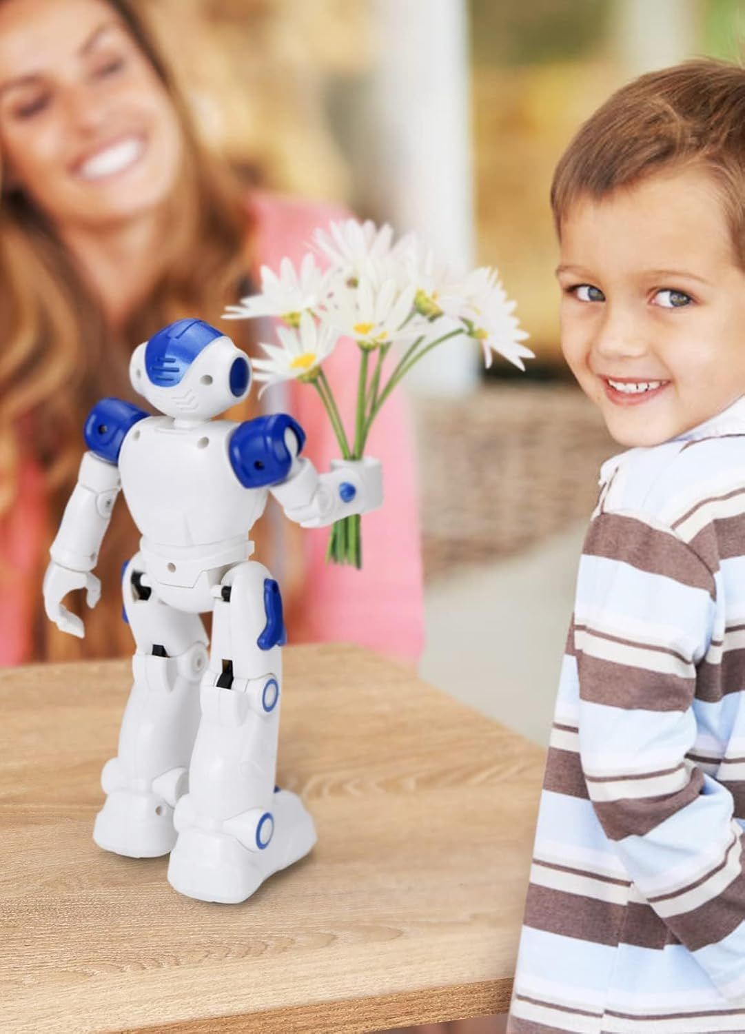 Demonstrates the product in a real-world home setting with a child and parent, showing the emotional connection and play value of the robot toy to appeal to families.