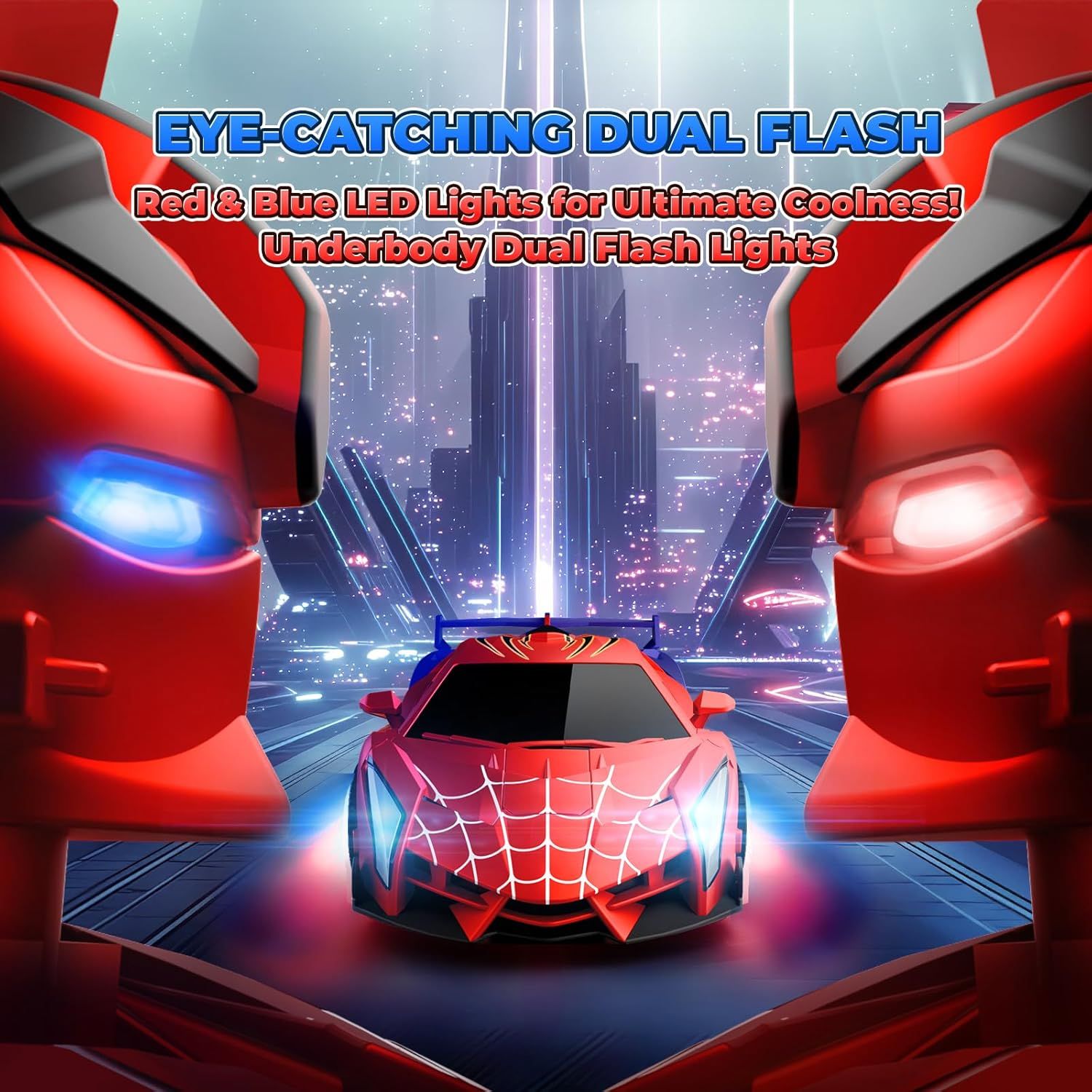 Highlights the product's eye-catching dual red and blue LED underbody flash lights to emphasize the cool, attention-grabbing aesthetic appeal of the toy car.