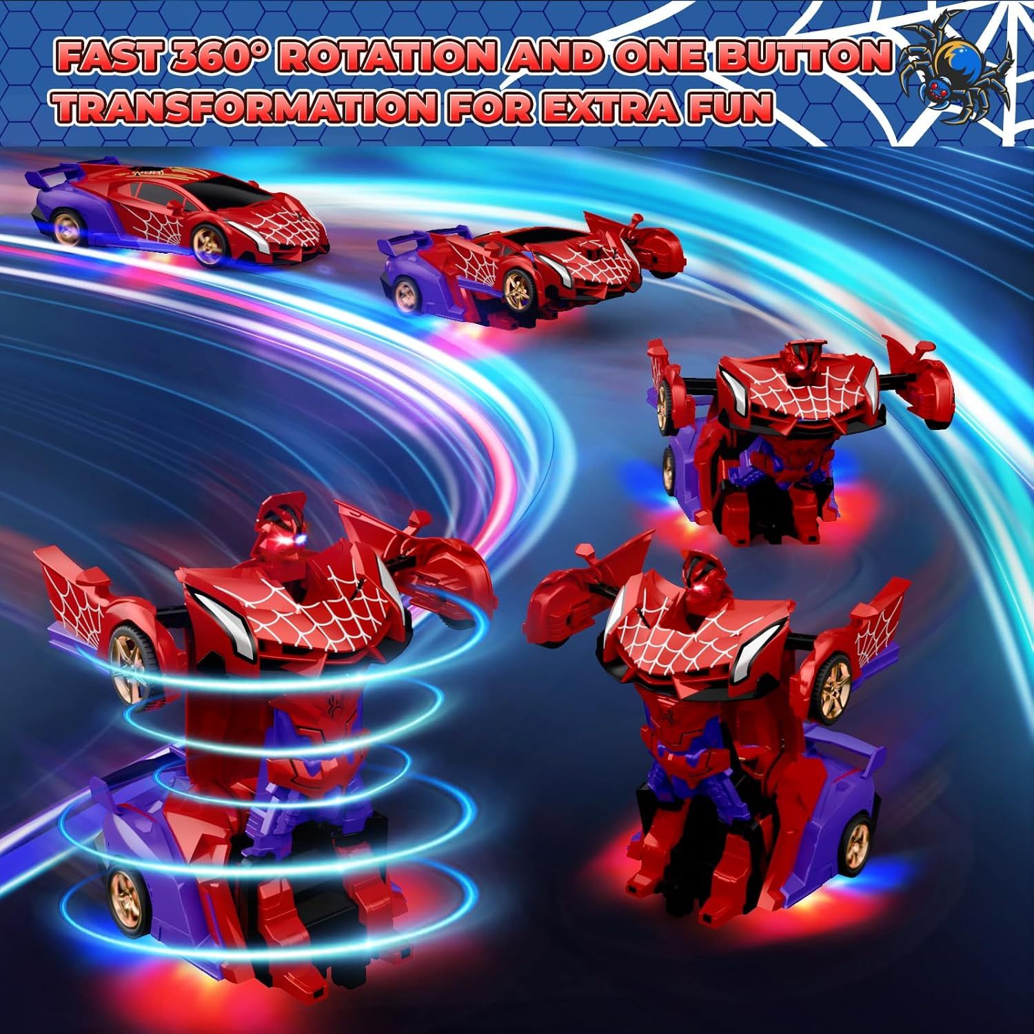 Demonstrates how the toy car transforms into a robot with a simple one-button mechanism and 360-degree rotation capability, emphasizing ease of use and play value. Highlights the core play benefit…