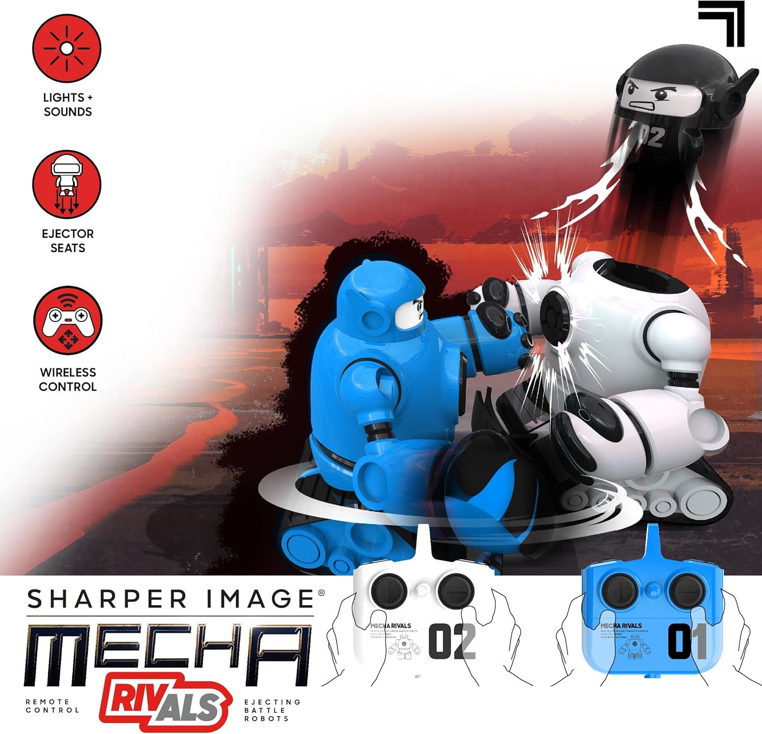 Showcases multiple key features of the toy robots in a visually segmented layout to communicate the product's interactive play capabilities and remote control functionality.