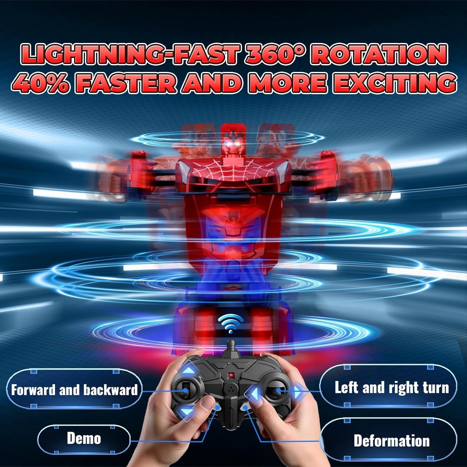 Demonstrates how to operate the RC toy car using the remote control, showing the different movement capabilities (forward/backward, left/right turns, demo mode, and deformation) to help shoppers…