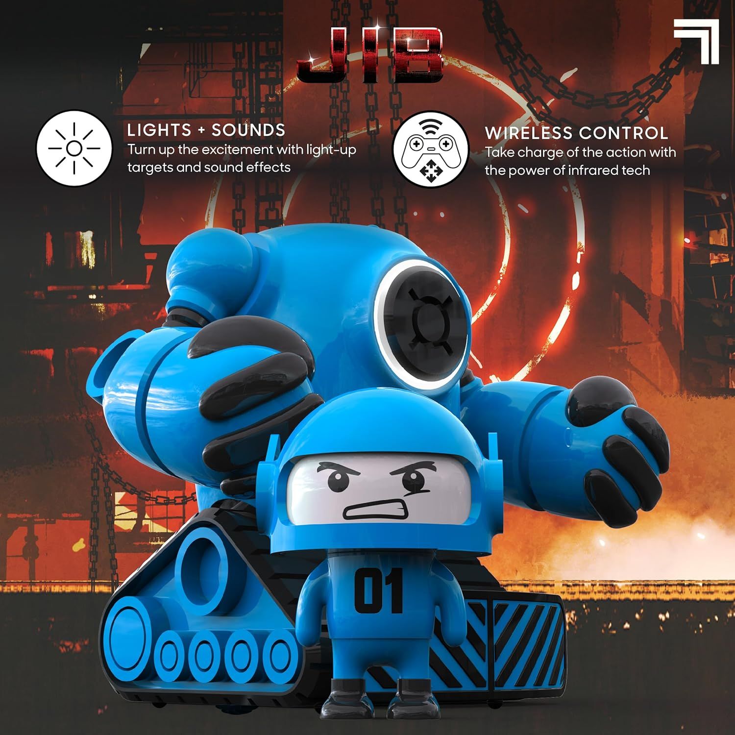 Highlights two distinct features of the toy—light-up targets with sound effects and infrared wireless control—to communicate interactive play value and technological sophistication.